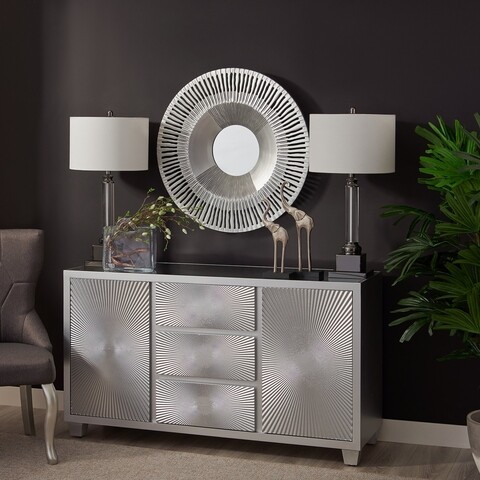 Comoda cu 2 usi + 3 sertare, Ariana, L.143 l.44 H.79, mdf/sticla, argintiu