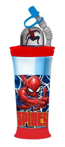 Pahar cu pai si capac cu figurina Spidey Spiderman, Marvel, 440 ml, plastic, multicolor