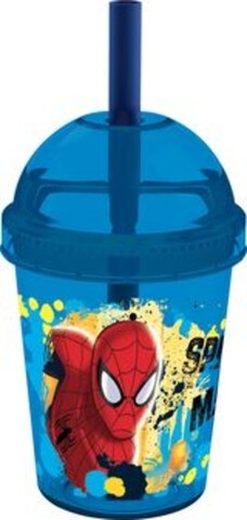 Pahar cu pai Spiderman, Marvel, 300 ml, plastic, albastru