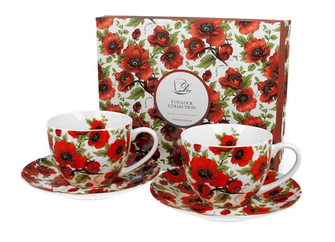 Set 2 cesti cu farfurioara, Duo, Lina, 280 ml, portelan, rosu