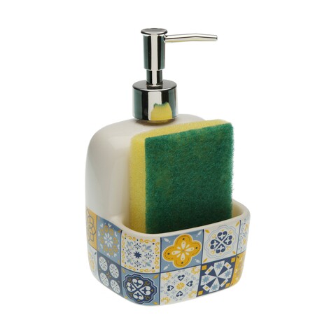 Dozator pentru detergent de vase cu suport burete Mosaic Yellow, Versa, 9.4x17.8 cm, ceramica