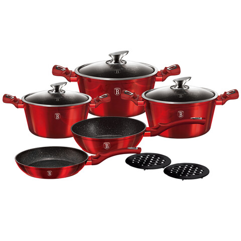 Set oale si tigai, 10 piese, Berlinger Haus, aluminiu forjat si marmura, Burgundy