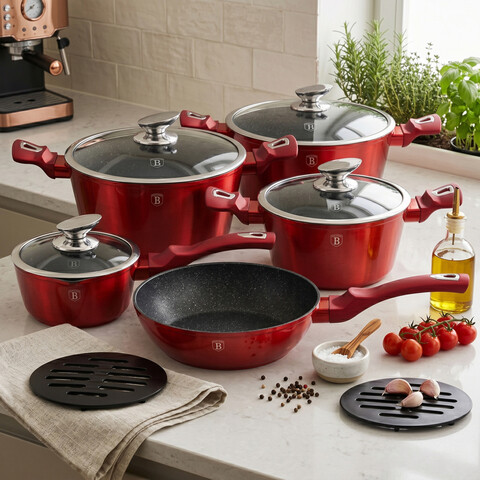 Set oale și  tigăi din aluminiu forjat și marmură, 15 piese, Berlinger Haus, Burgundy