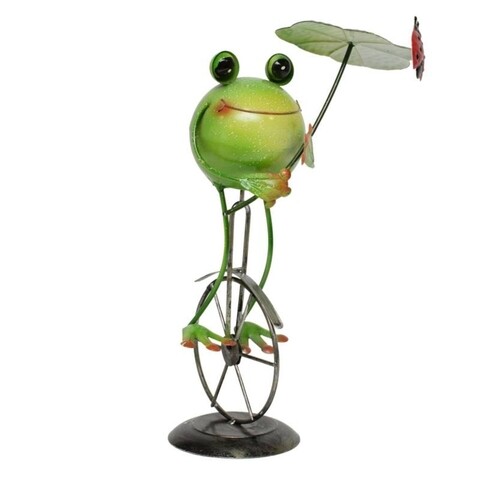 Decoratiune Frog on unicycle w leaf, 12x11x36.5 cm, metal, multicolor