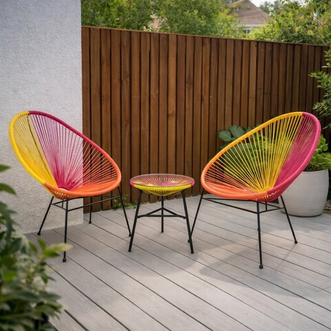Set 2 fotolii si masuta pentru gradina/terasa, Corfu, otel, galben/portocaliu/rosu