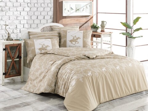 Lenjerie de pat pentru o persoana, 2 piese, 140x200 cm, 100% bumbac ranforce, Beverly Hills Polo Club, BHPC 013, crem