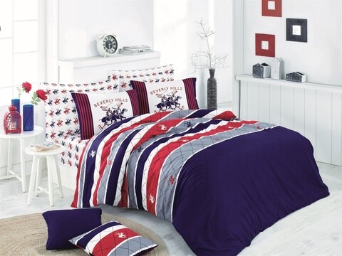 Lenjerie de pat pentru o persoana, 2 piese, 140x200 cm, 100% bumbac ranforce, Beverly Hills Polo Club, BHPC 011, albastru inchis