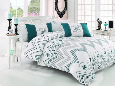 Lenjerie de pat dubla King, 3 piese, 220x240 cm, 60x60 cm, 100% bumbac ranforce, Beverly Hills Polo Club, BHPC 025, verde