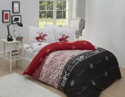 Lenjerie de pat dubla, 3 piese, 200x200 cm, 100% bumbac ranforce, Beverly Hills Polo Club, BHPC 004, rosu