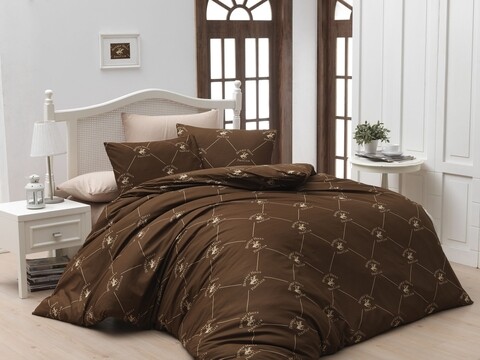 Lenjerie de pat dubla King, 3 piese, 220x240 cm, 100% bumbac ranforce, Beverly Hills Polo Club, BHPC 006, maro