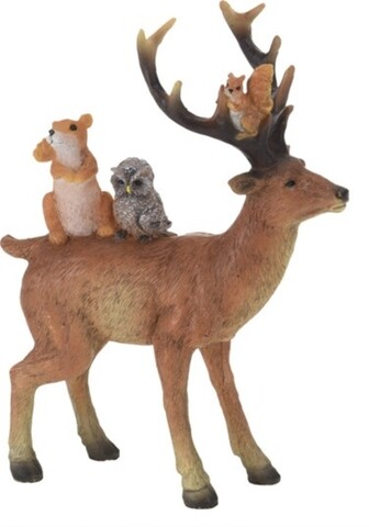 Reindeer w owl and squirrel Dísz, 12.5x5x17.5 cm, poliszton, színes