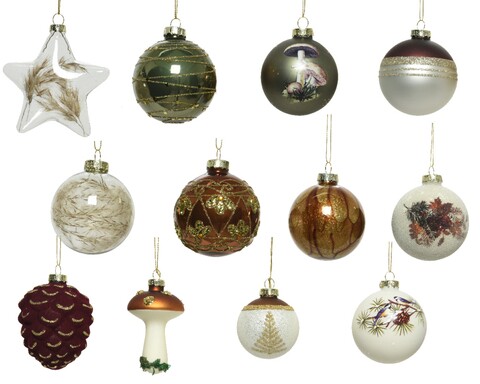 Комплект от 12 различни коледни играчки от стъкло Decoris, многоцветни