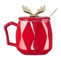 Cana cu capac si lingura Glam Reindeer Horns, Ambition, 350 ml, portelan, rosu