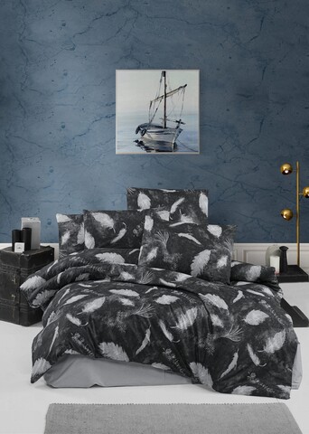 Lenjerie de pat dubla King (EU) Feather - Black, Victoria, 3 piese, 260x220 cm, bumbac ranforce, negru/gri