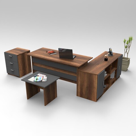 Set mobilier pentru camera de studiu, 4 piese, Locelso, VO13 - BA, pal melaminat, maro/antracit