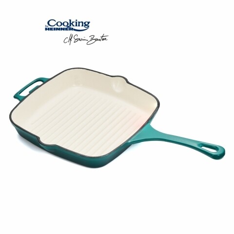 Tigaie grill emailata, Cooking by Heinner, 26.5 x 26.5 x 5 cm, fonta, bej si bleu