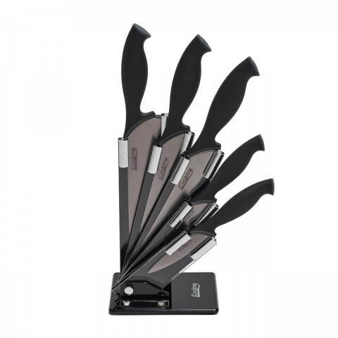 Set 5 cutite cu suport, Titanium, Heinner Home, inox/plastic, negru