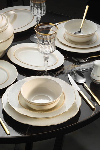 Serviciu de masa 62 piese BNOLY62YT1138021, Kutahya Porselen, ceramica, alb/auriu
