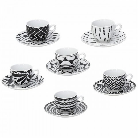 Set 6 cesti de cafea cu farfurii Mandala Black, Tognana, 90 ml, portelan, alb/negru