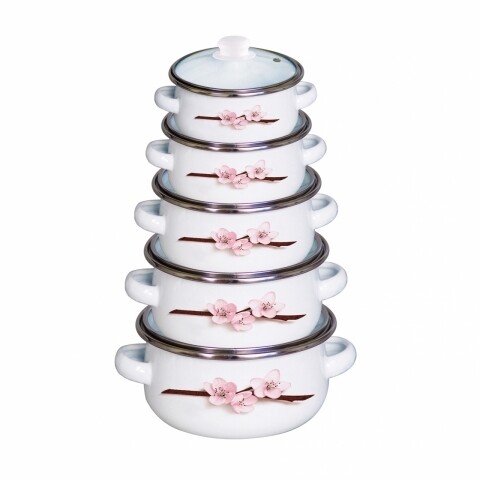 Set de gatit 10 piese, Cherry, Vanora Home, 0.5l, 0.8l, 1l, 1.5l, 2l, otel carbon emailat si sticla, multicolor