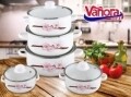 Set de gatit 10 piese, Cherry, Vanora Home, 0.5l, 0.8l, 1l, 1.5l, 2l, otel carbon emailat si sticla, multicolor