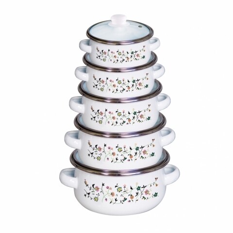Set de gatit 10 piese, Flowers, Vanora Home, 0.5l, 0.8l, 1l, 1.5l, 2l, otel carbon emailat si sticla, multicolor