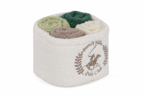 Set 4 prosoape de baie cu cos Beverly Hills Polo Club, 30x30 cm,  100% bumbac, alb/maro/verde deschis/verde inchis