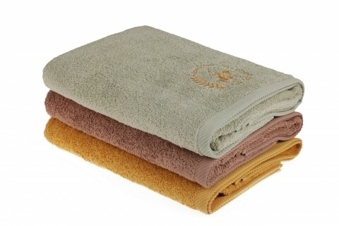 Set 3 prosoape de baie Beverly Hills Polo Club, 70x140 cm, 100% bumbac, Light Brown/Mustard/Green