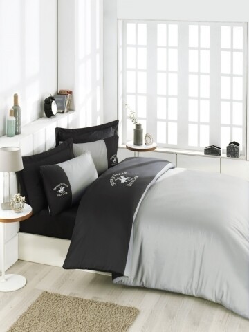 Lenjerie de pat dubla Anthracit, Beverly Hills Polo Club, 4 piese, 240 x 260 cm, 100% bumbac satinat, gri deschis/antracit