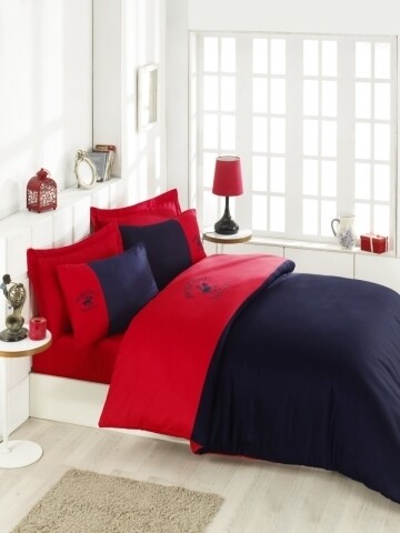 Lenjerie de pat dubla Red & Dark Blue, Beverly Hills Polo Club, 4 piese, 240 x 260 cm, 100% bumbac satinat, rosu/bleumarin