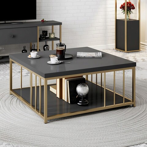 Masuta de cafea, Bexley, Zenn, 90x90x40 cm, PAL, Antracit / Aur