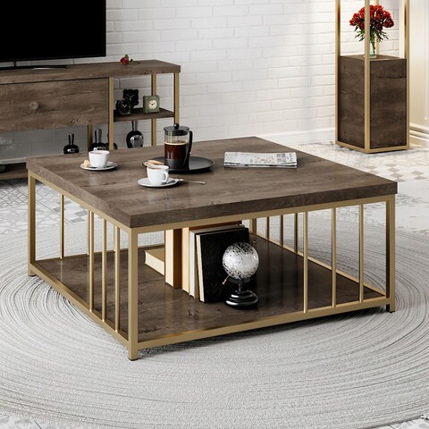 Masuta de cafea, Bexley, Zenn, 90x90x40 cm, PAL, Nuc / Aur