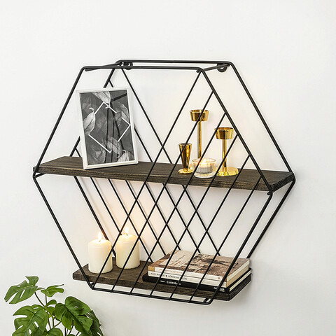 Raft de perete, Cerritos, Anemone Vulgaris, 60x52x15 cm, 100% SPRUCE WOOD (Thickness: 10 mm), Negru / Nuc Inchis
