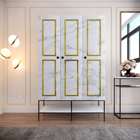 Dulap pentru haine, Comforty, Martin 3, 126x200x50 cm, PAL, Alb / Negru / Auriu