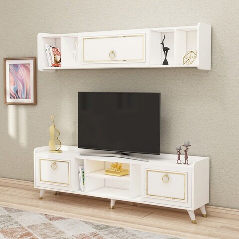 Comoda TV, Coraline, Alya, 180x40x27 cm, PAL, Alb/Auriu