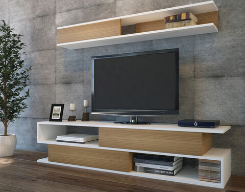 Comoda TV, Decorotika, Sims, PAL, Alb / Teak