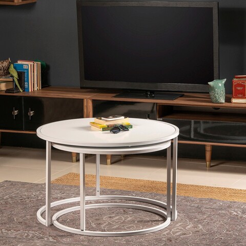 Set masute 2 piese, Hadley, Tambur, PAL, Alb