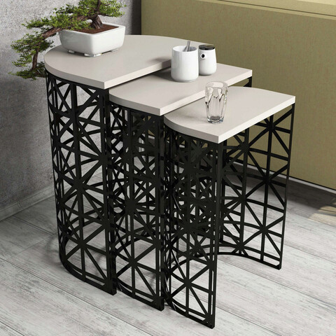Set masute 3 piese, Hommy Craft, Stil Metal Ferforje, PAL, Crem/Negru