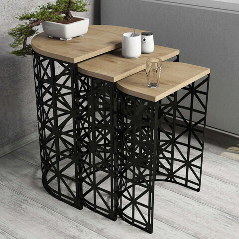 Set masute 3 piese, Hommy Craft, Stil Metal Ferforje, PAL, Stejar / Negru