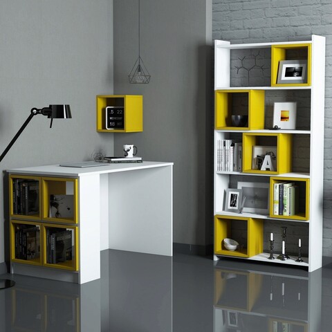 Set birou si biblioteca, Hommy Craft, Box, 120x75x65 cm, PAL, Alb / Galben