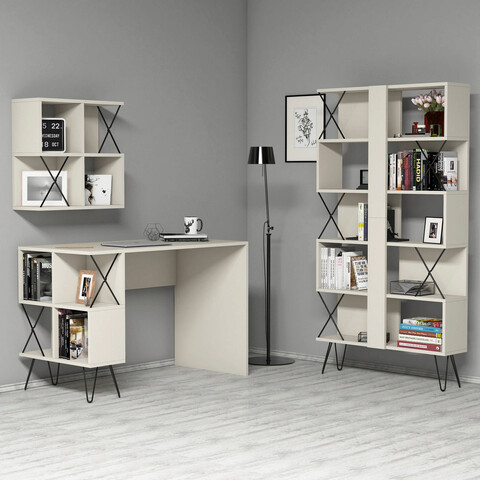 Set birou si biblioteca, Hommy Craft, Extra 2, 120x78 cm, PAL, Crem/Negru