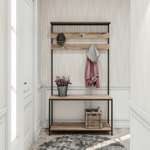 Cuier de perete, Kalune Design, Girne, 105x192x40 cm, PAL, Negru / Pin
