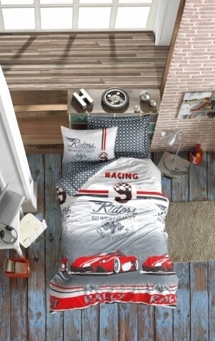 Lenjerie de pat pentru o persoana, 3 piese, 100% bumbac ranforce, Cotton Box, Red car