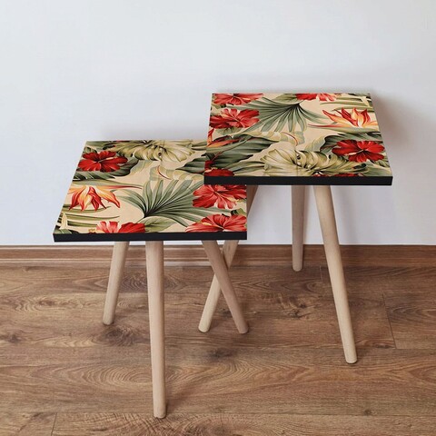 Set masute 2 piese, Hanah Home, 2Shp205, Bej / Verde / Portocaliu / Roșu