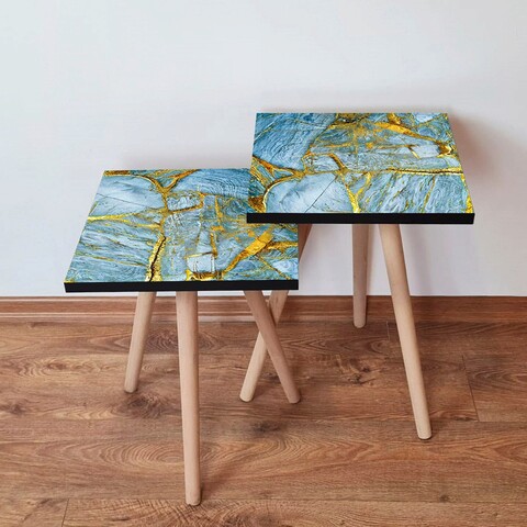 Set masute 2 piese, Leona, 2Shp235, MDF , Albastru / Auriu