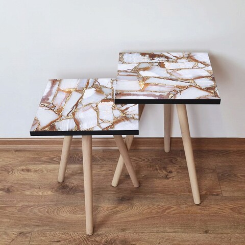 Set masute 2 piese, Leona, 2Shp262, MDF , Maro / Alb / Auriu