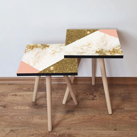 Set masute 2 piese, Leona, 2Shp264, MDF , Auriu / Alb / Somon