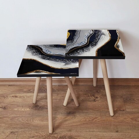 Set masute 2 piese, Leona, 2Shp285, MDF , Alb / Auriu / Negru