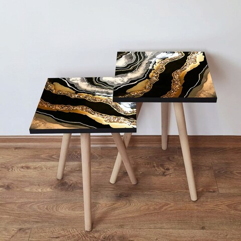 Set masute 2 piese, Leona, 2Shp292, MDF , Negru / Auriu / Alb