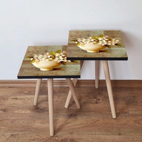 Set masute 2 piese, Leona, 2Shp307, MDF , Bej / Verde / Crem / Roșu
